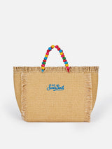 Borsa Colette in paglia beige naturale con decorazione di perline di legno