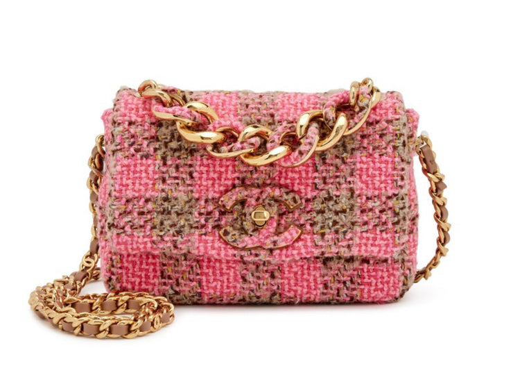 Chanel
Pink and Beige Quilted Wool Tweed Small Elegant Chain Flap Gold Hardware, 2022