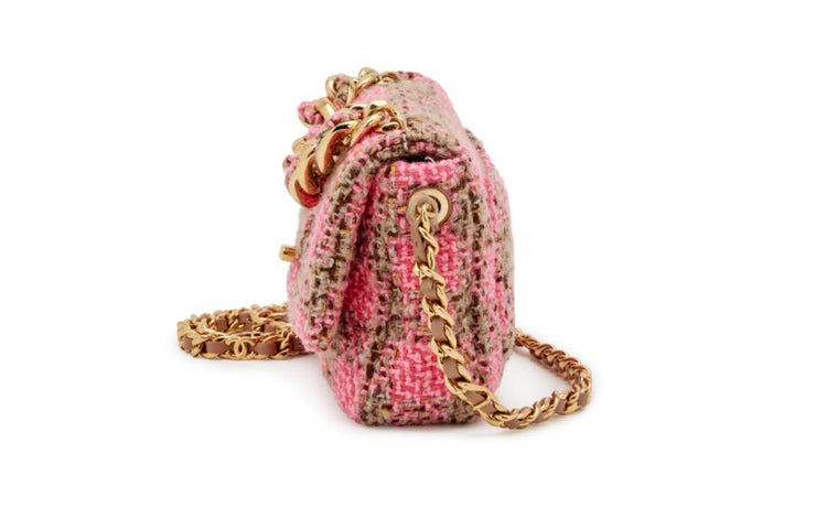 Chanel
Pink and Beige Quilted Wool Tweed Small Elegant Chain Flap Gold Hardware, 2022