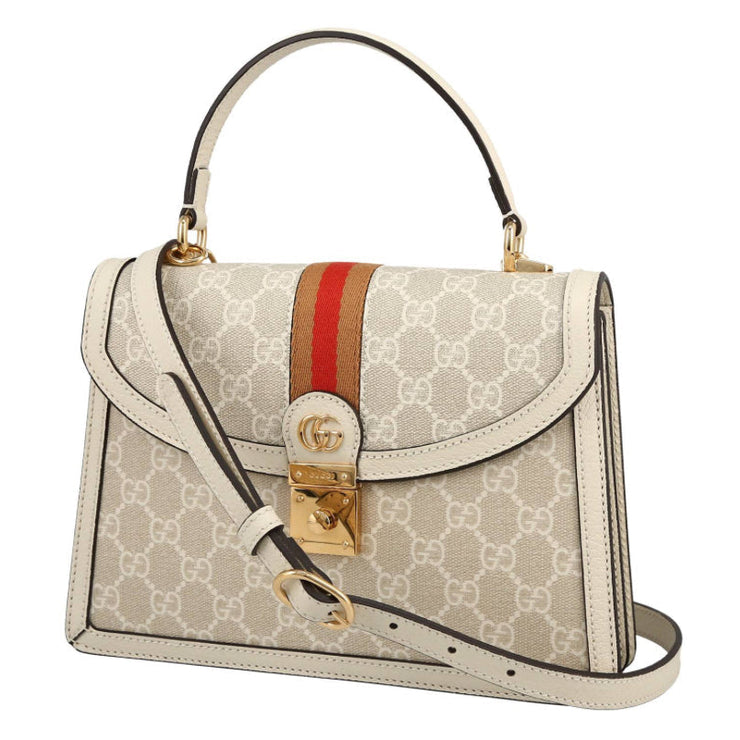 Borsa a tracolla Gucci Ophidia in tela siglata beige e pelle bianca