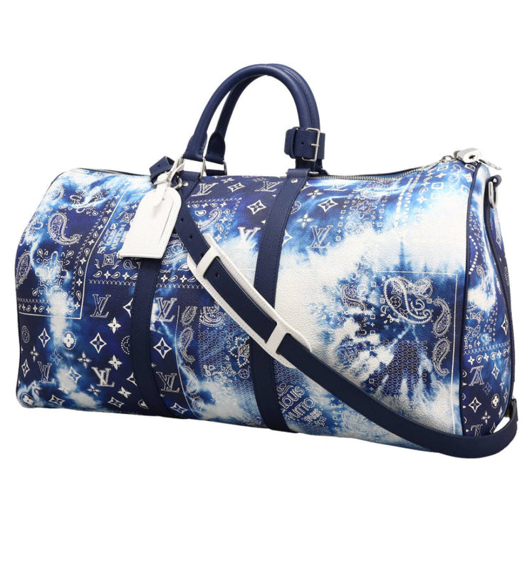 Borsa da viaggio Louis Vuitton Keepall Editions Limitées in tela monogram blu e bianca