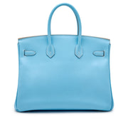 Hermès
Celeste Epsom and Bleu Mykonos Verso Candy Birkin 35 Palladium Hardware, 2011
