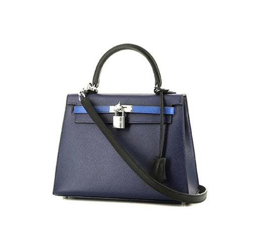 Borsa Hermès Kelly 25 cm in pelle Epsom tricolore blu scuro Bleu Atoll e nera