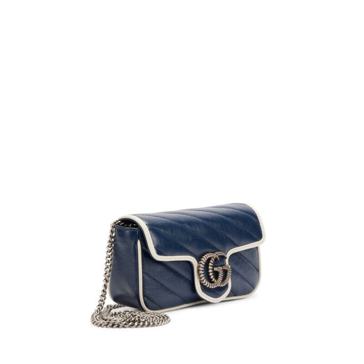 Gucci

Navy Diagonal Matelasse Vintage Effect Calfskin Super Mini Torchon GG Marmont Silver Hardware