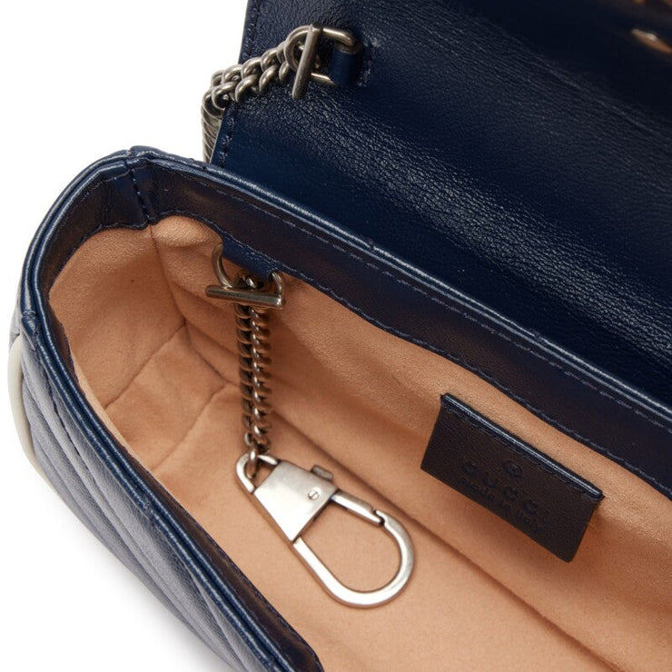 Gucci

Navy Diagonal Matelasse Vintage Effect Calfskin Super Mini Torchon GG Marmont Silver Hardware
