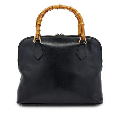 Black Pigskin Bowling Bag with Bamboo Top Handle Gold Hardware, 1980s