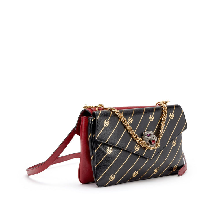 Gucci
Black and Red Leather and Strass Thiara Double Shoulder Bag Gold Hardware