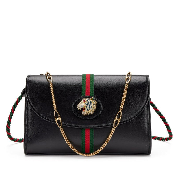 Gucci
Black Leather, Strass and Web Stripe Medium Rajah Shoulder Bag Gold Hardware