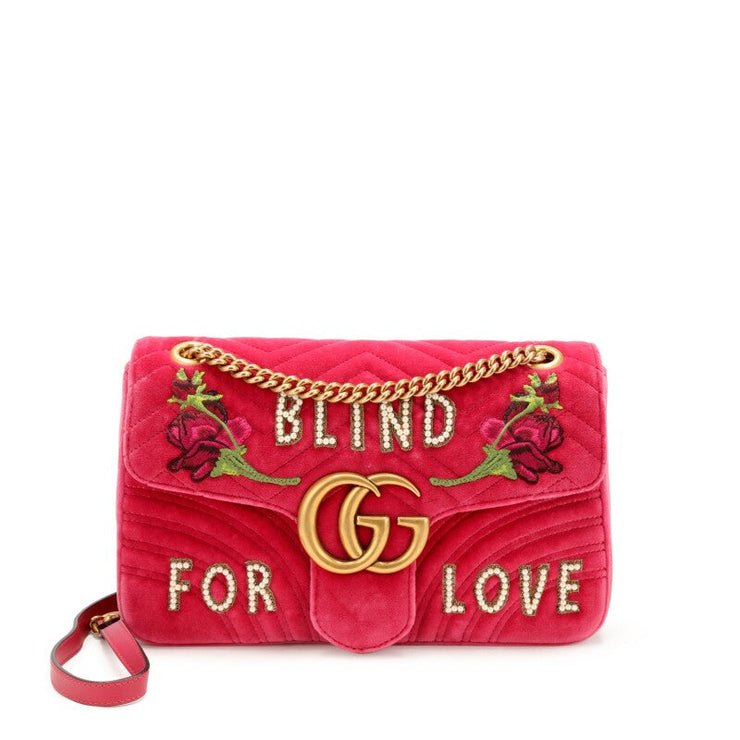 Gucci
Pink Quilted Embroidered Velvet Medium Blind for Love Flap Gold Hardware