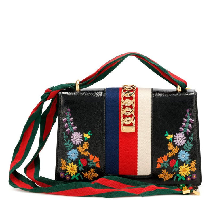 Gucci
Black and Multicolor Floral Embroidered Crinkled Patent Leather Sylvie Top Handle Gold Hardware
