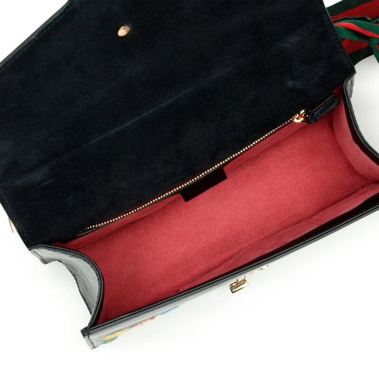 Gucci
Black and Multicolor Floral Embroidered Crinkled Patent Leather Sylvie Top Handle Gold Hardware