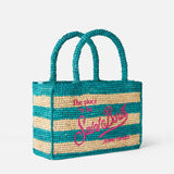 Borsa Colette in rafia a righe bianche e bluette